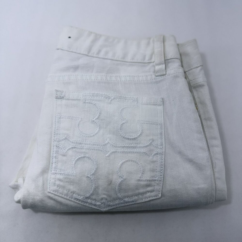 Tory Burch Skinny Jeans Pants Women Sz 28 White Embroidery Designer Logo Preppy